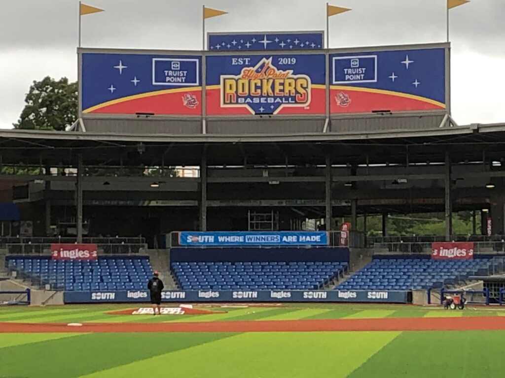 Signs at the High Point Rockers baseball stadium